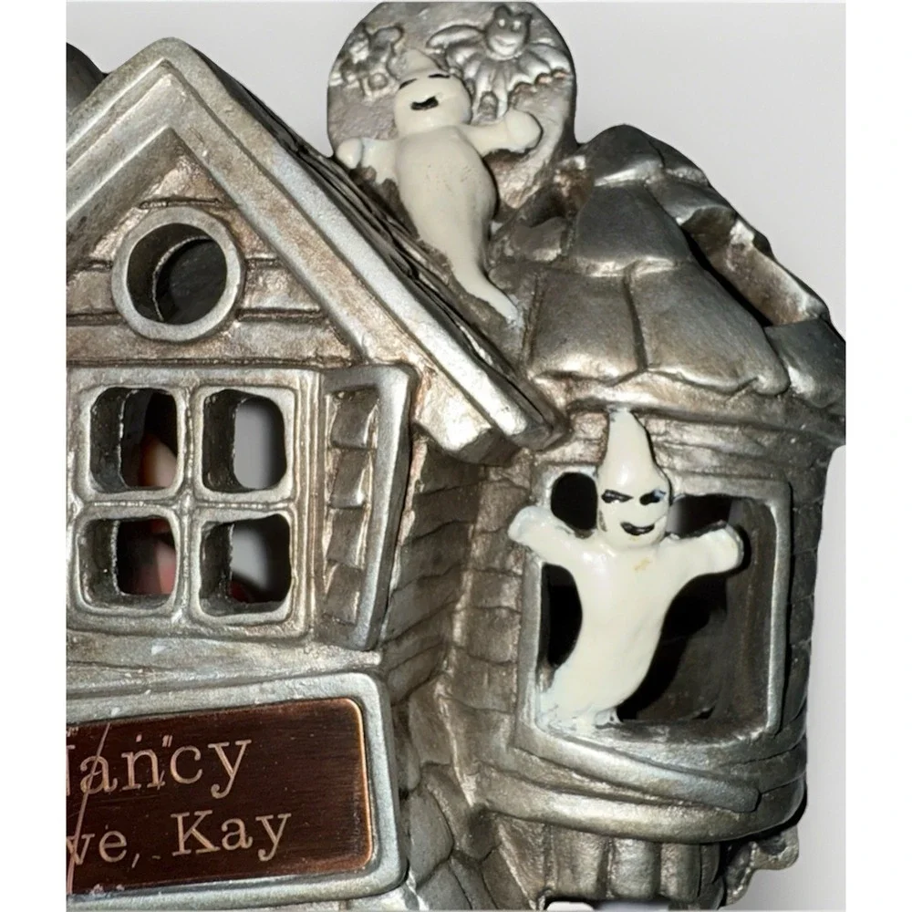 Silver Cast Metal Haunted House Tea Light Holder Halloween Ghost Pumpkin Decor